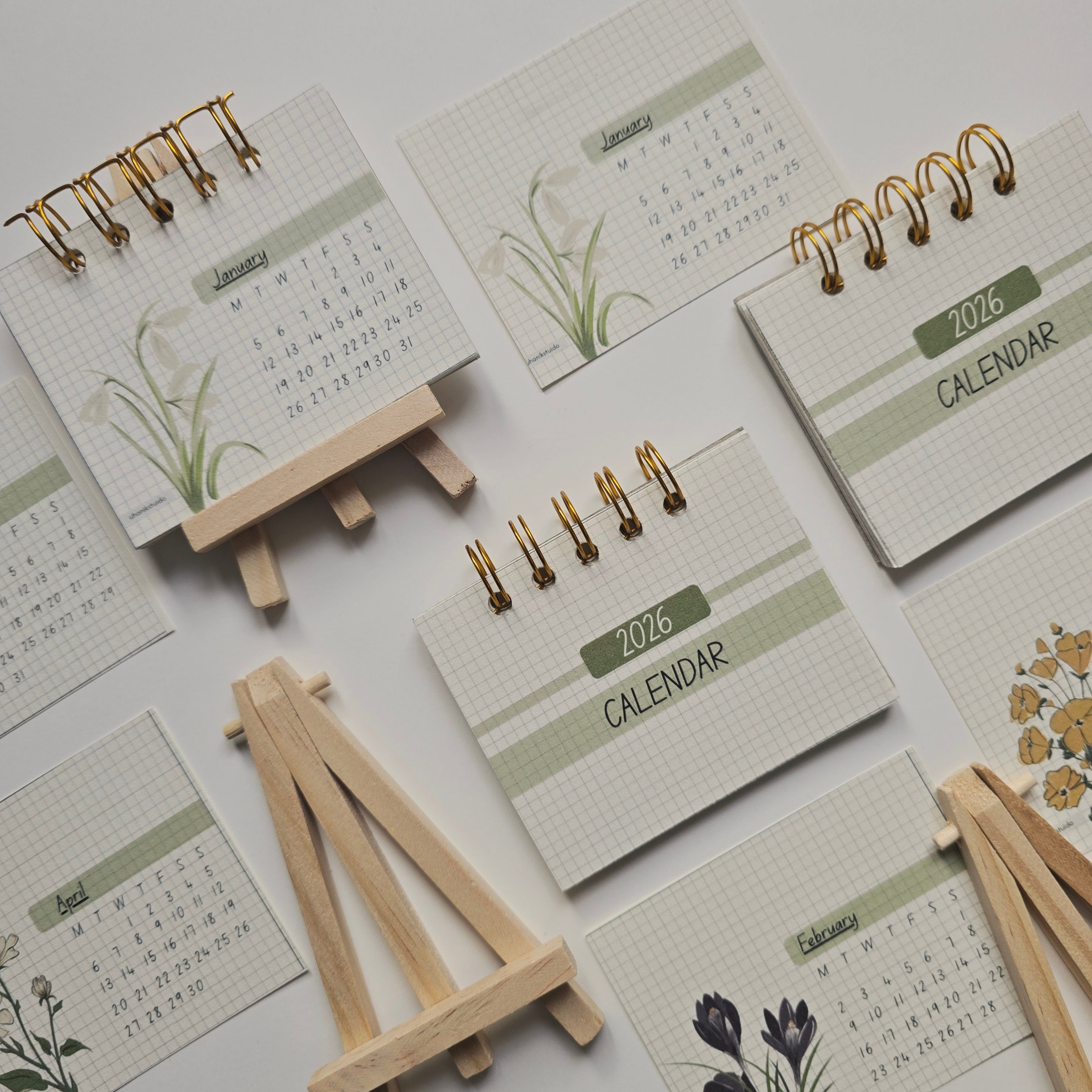 2026 Handmade Desk Calendar | Digital Art Print with Wooden Easel Stand