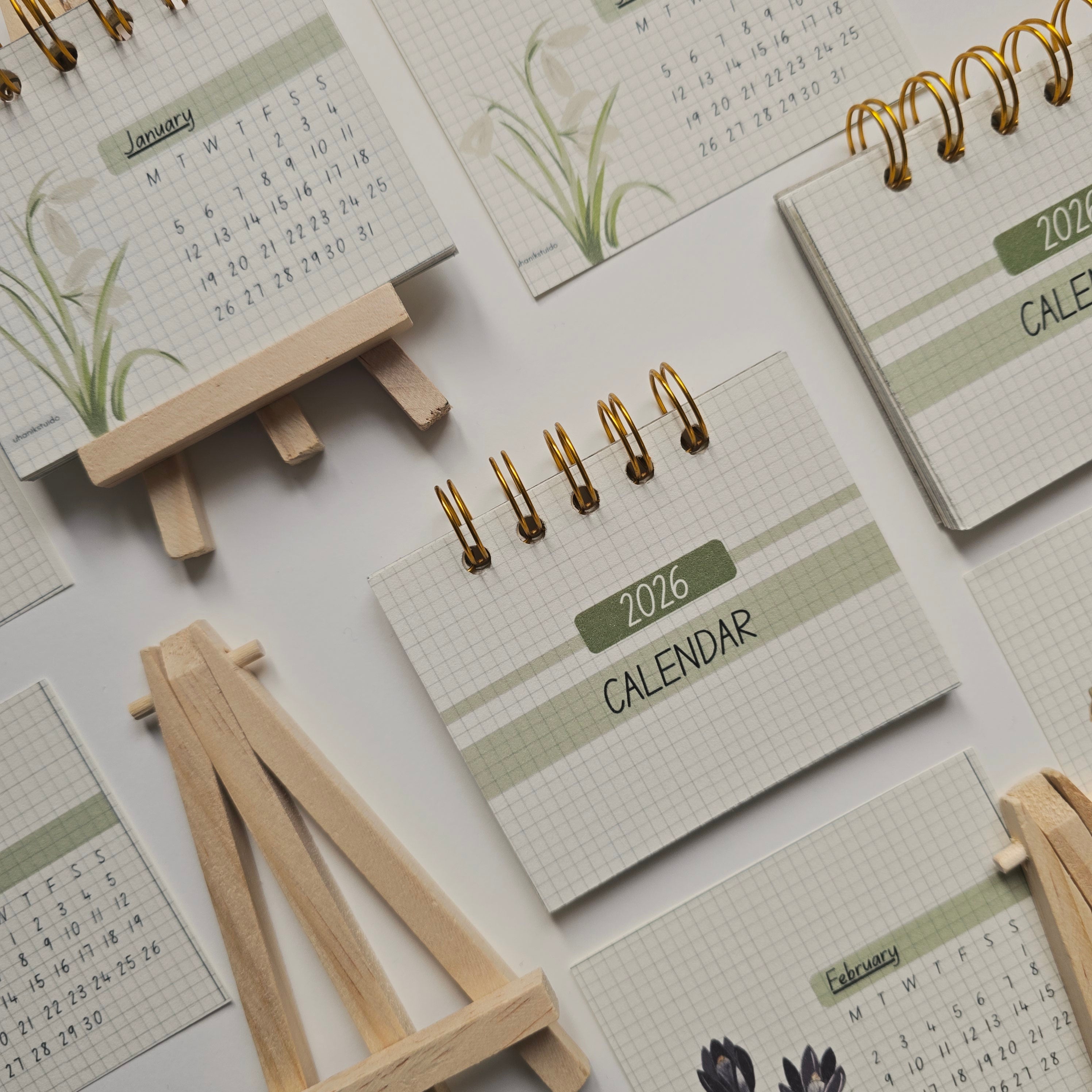 2026 Handmade Desk Calendar | Digital Art Print with Wooden Easel Stand