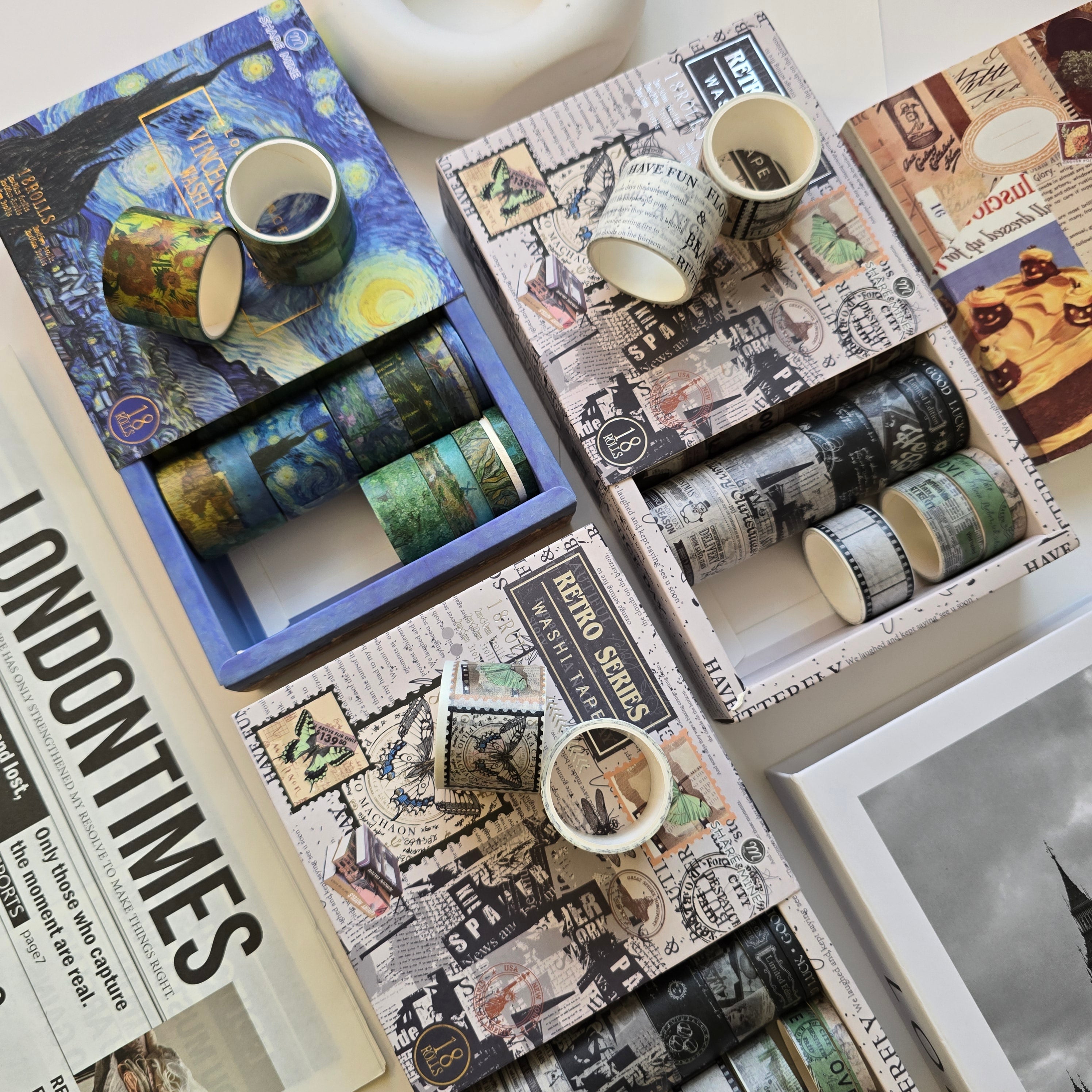 Vintage Washi Tape Set (18 Rolls) | Scrapbooking Decorative Tape | Journaling & DIY Craft Supplies