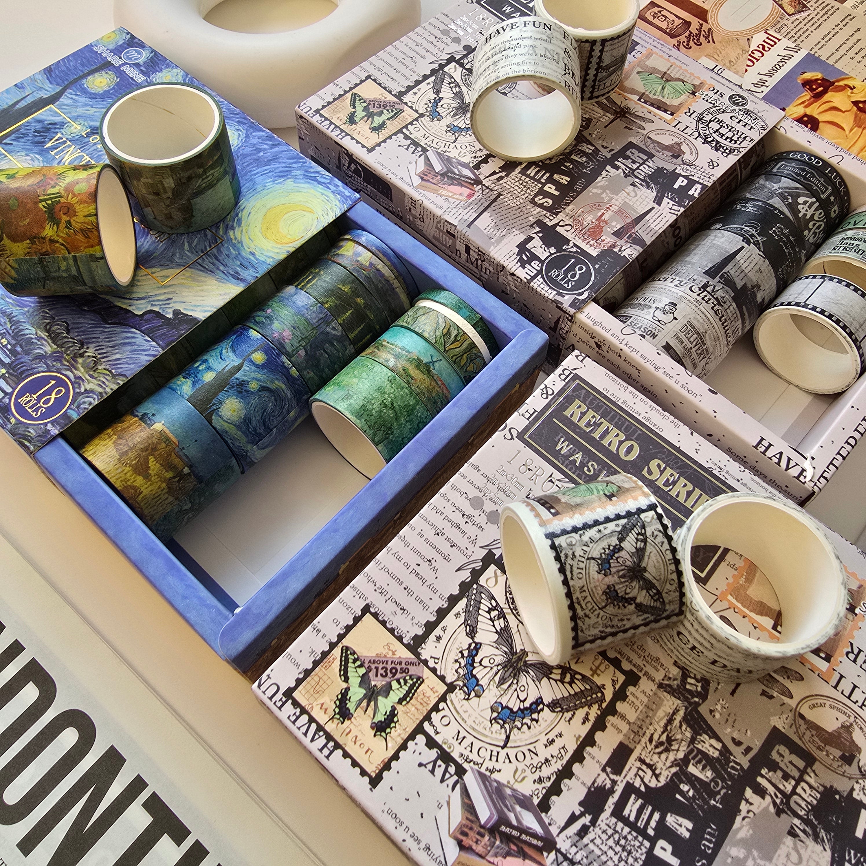 Vintage Washi Tape Set (18 Rolls) | Scrapbooking Decorative Tape | Journaling & DIY Craft Supplies